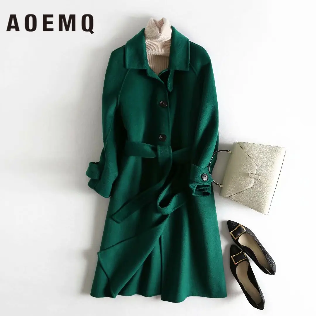 AOEMQ Модные женские макси комплекты осень зима сезон шерсть теплое пальто модель длинное пальто с поясом женский комплект одежды