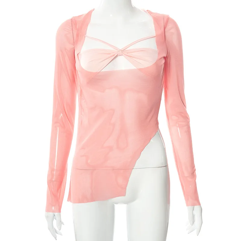 Goth Dark Y2k Punk Mesh See Through T-shirts Women Cyber Sexy Summer Halter Tops Lace Up Techwear Black Patchwork Split Clothes