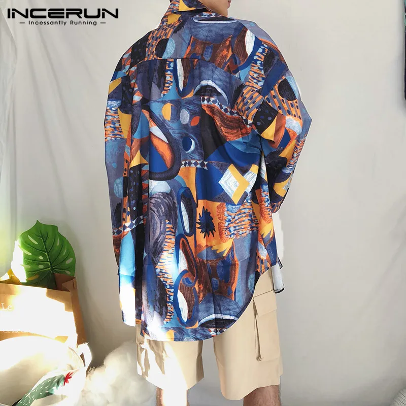 INCERUN/рубашка с длинными рукавами и принтом для мужчин в Корейском стиле, модная хип-хоп свободная Гавайская брендовая рубашка, мужская безрукавка с принтом
