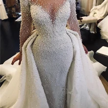 Роскошные свадебные платья русалки с жемчугом и бусинами со съемным шлейфом, винтажные Свадебные платья с длинными рукавами в стиле Саудовской Аравии размера плюс