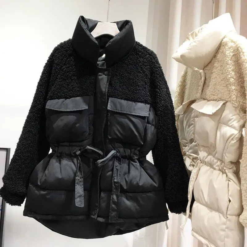 

Patchwork Winter Casual Turn-Down Collar Long Sleeve Coat Women High Waist Lamb Wool Parka Solid Female Pink Jacket Tops
