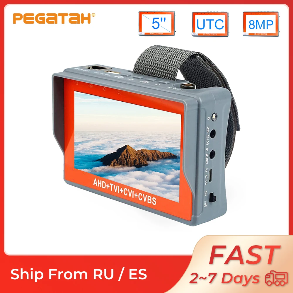 PEGATAH 5 inch 8MP CCTV Camera Tester Wrist Strap Portable AHD TVI CVI cctv Analog Video Monitor Support UTC PTZ For cftv camera dvd vcd players 7 8 inch portable evd player hd tv with analog usb card reader games swivel hd screen mp3 video machine speaker