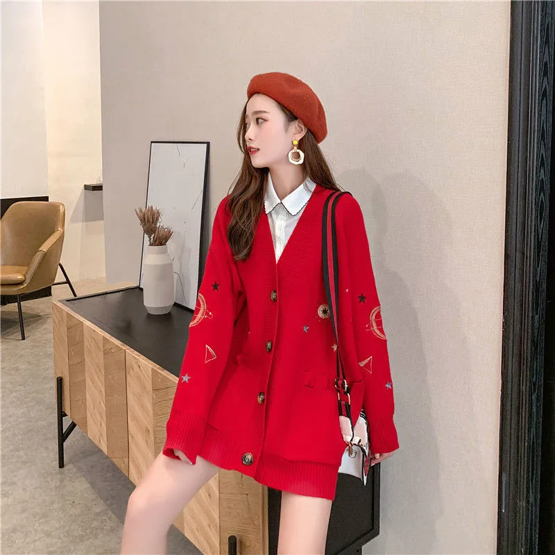Sweater Cardigans Women Autumn Winter New Embroidery V-neck Single Breasted Knitted Sweater Jacket Women Harajuku Sweaters