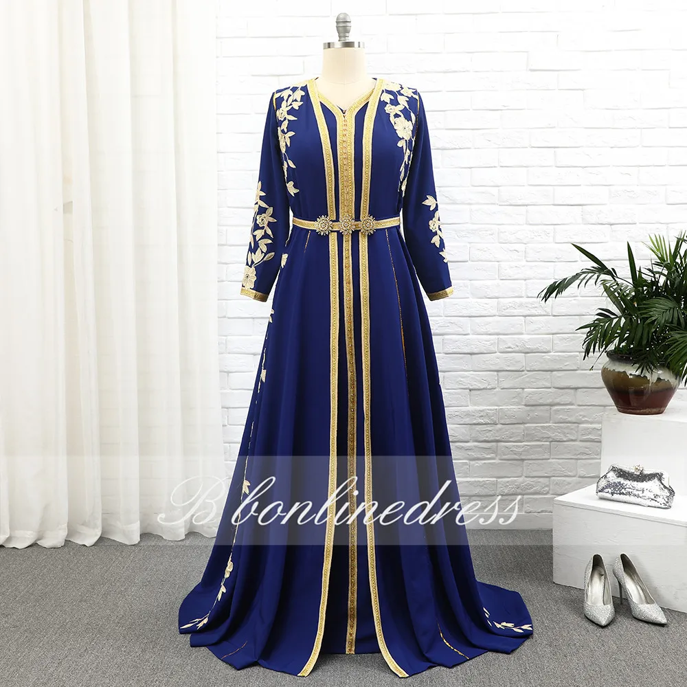 

Bbonlinedress Muslim Evening Dresses 2020 Golden Embroidery Women Party Wear Moroccan Caftan Dress Formal Gowns robe de soiree