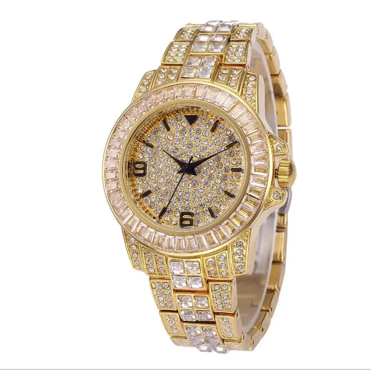Бриллиантовые часы женские кварцевые часы дизайнерские Хрустальный Bling брендовые роскошные часы ювелирные часы Подарки - Цвет: Золотой