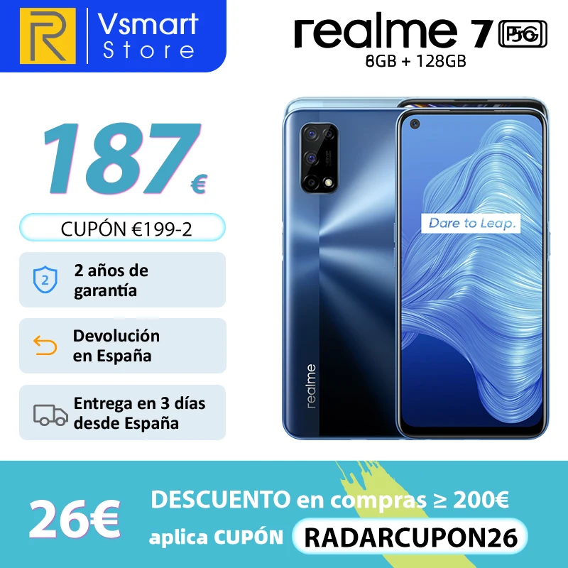 realme 7 5G, Versión global, Smartphone, 6GB 128GB, 6.5 120Hz Ultra Display, Dimensión 800U, Octa-core, 48MP Quad Cámaras, 5000mAh, 30W, código: RADARCUPON26 (200€-26€)05ESOW20(€150-20)