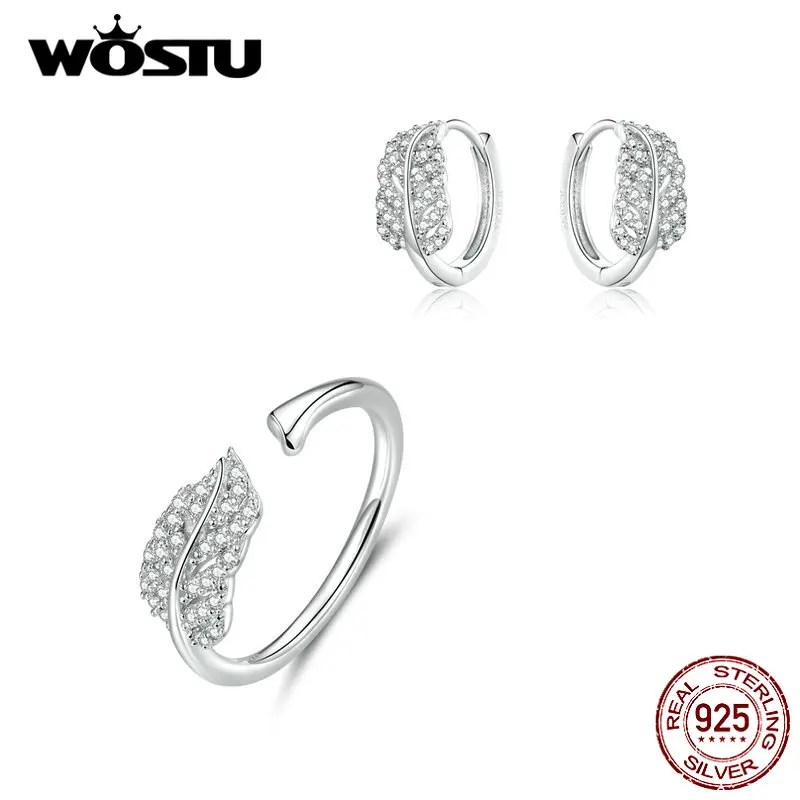

WOSTU Real 925 Sterling Silver Feather Jewelry Set Dazzling Zircon Opening Rings & Earrings For Women Wedding Stylish Jewelry