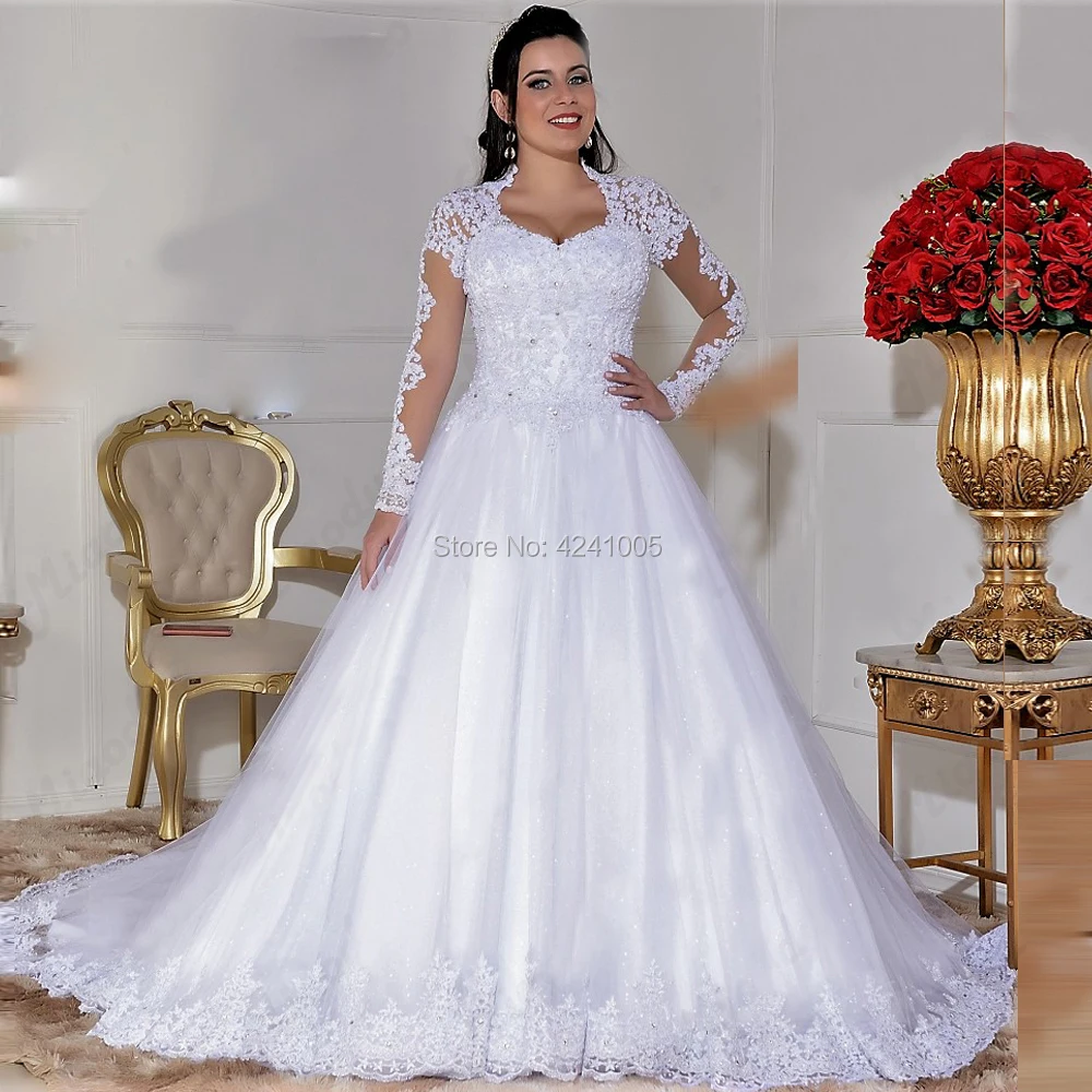 

White V Neck Boho Wedding Dresses 2022 Full Sleeves Appliques Bridal Gowns Puffy Tulle Ball Gown Women Marriage Bride Dress Lace