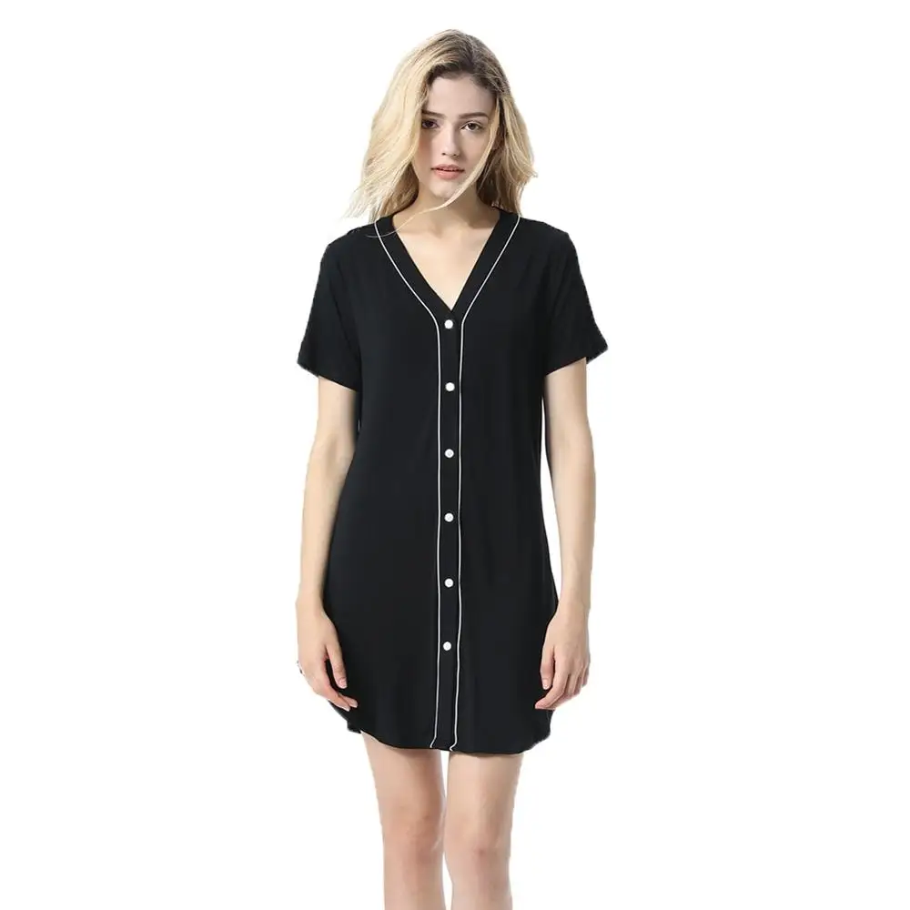 B Women Modal Short-Sleeved V-Neck Long Section Home Service Single-Row Button Ladies Nightdress New Vcqy - Цвет: B