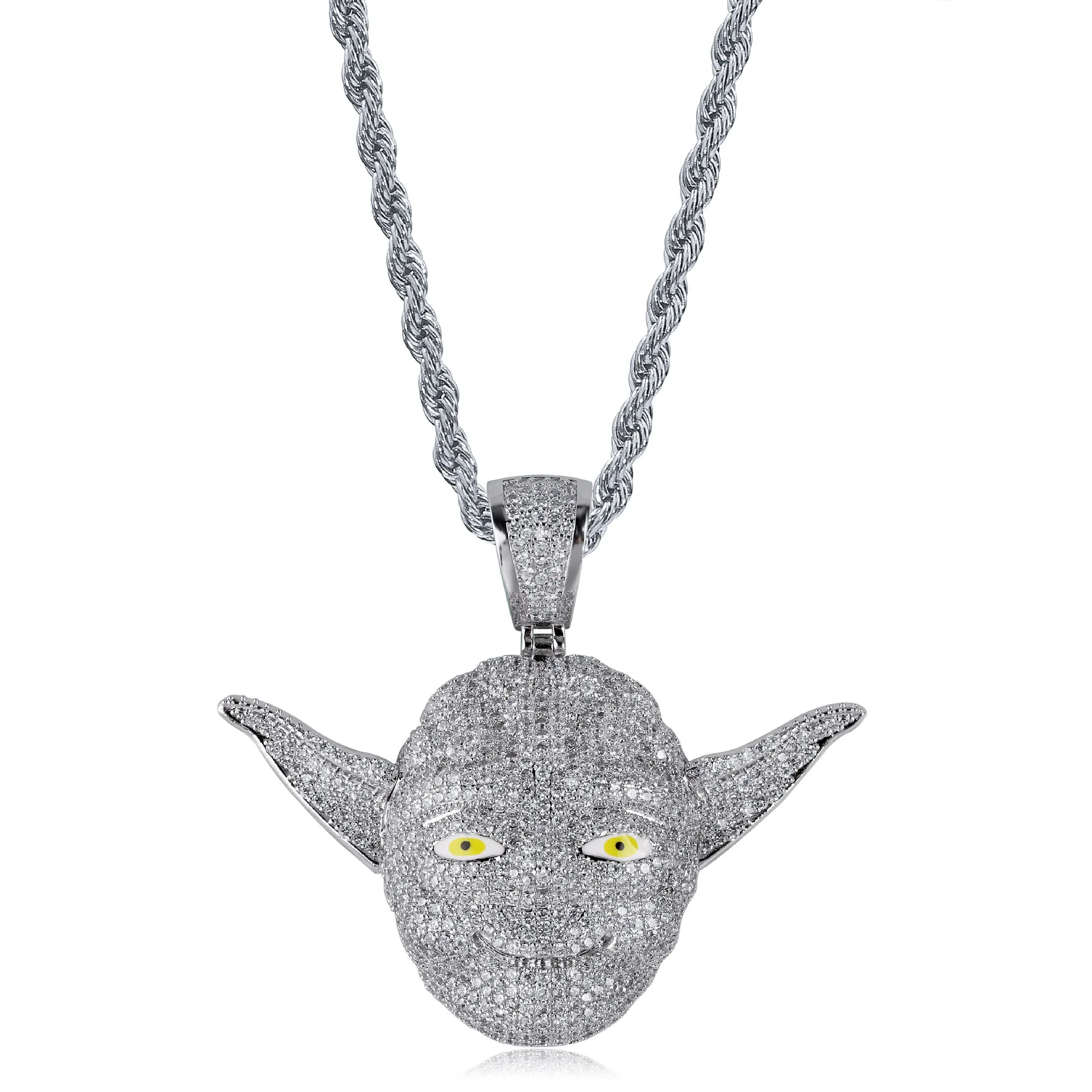 

Fashion AAA Cubic Zircon Iced Out Chain Silver Movies Star Wars 3D Master Yoda Pendant Necklace Hip Hop Jewelry Statement Necklaces