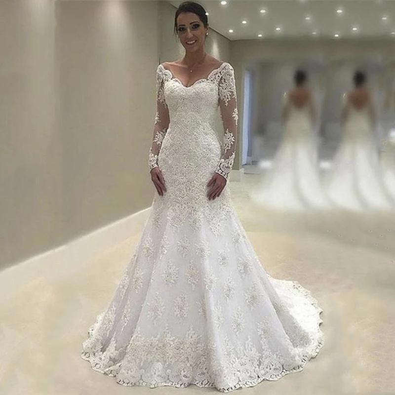 Ангел женат noiva vestido Русалка Кружева Свадебные платья с длинным рукавом V шеи суд поезд подвенечные Свадебные платья
