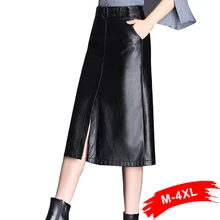 Большие размеры спереди Сплит декоративный ремень миди длинная юбка из искусственной кожи 3Xl 4Xl Зима Осень Женская рабочая одежда пояса прямые юбки