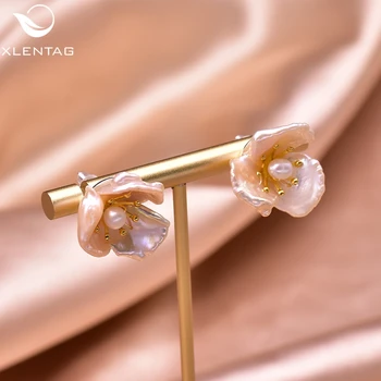

XlentAg Original Pink Flower Stud Earrings For Women Natural Freshwater Pearl Statement Boho 925 Sterling Silver Jewlery GE0958B