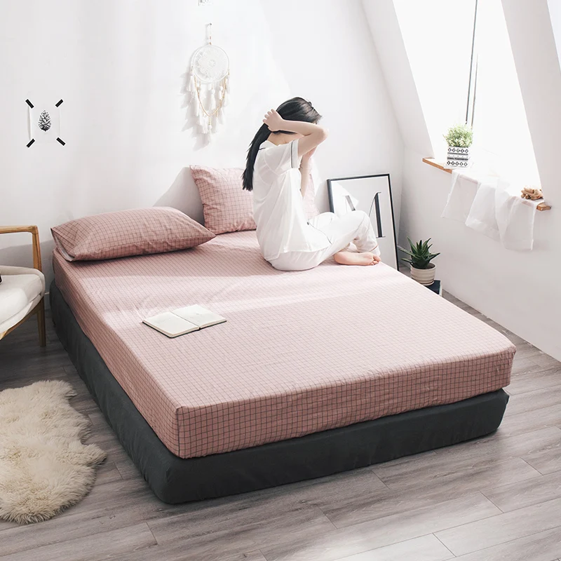 

Pink Plaid Mattress Cover Grey Protector Sheet Bedspread Fitted Thin Soft Pad Bed Linens Home Textile 100% Cotton