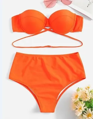 

2019 New Style Bathing Suit Women's Split Type High-waisted Europe And America-Solid Color Hard Bikini Bikini
