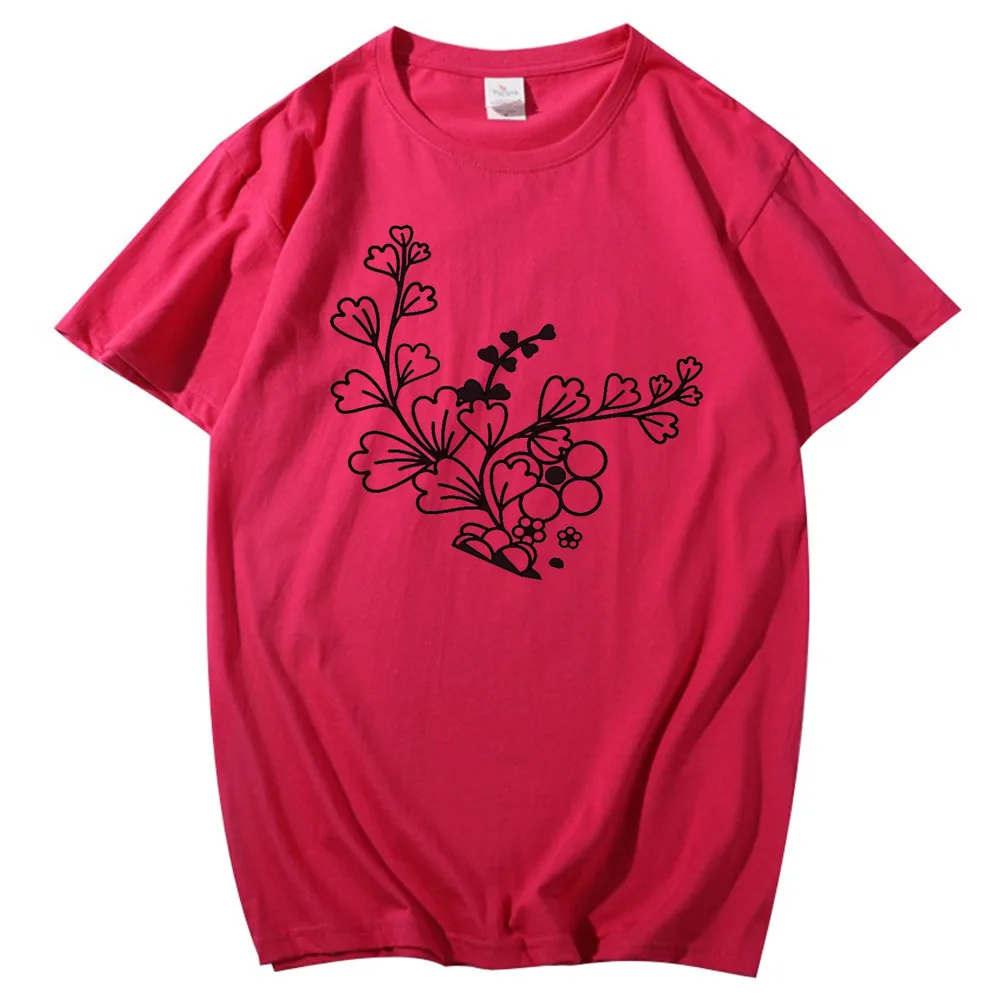 

Simple line flower print t-shirt casual ladies top high-end new round neck men's short-sleeved T-shirt
