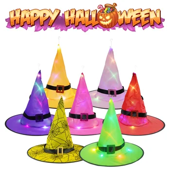 

7pcs Halloween Decoration Witch Hats LED Lights Cap Halloween Costume Props Outdoor Tree Hanging Ornament Home Glow Party Decor