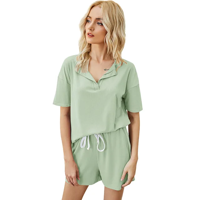 2021 Summer New Product Women's Threaded Fabric V-Neck Top + Shorts With Pocket Casual Suit 2