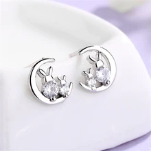 Милые,, мини маленькие серьги-гвоздики для женщин, девочек, кролики на Луне, любовь, серьги 925 пробы, серебряные со стразами, камни, ювелирные изделия