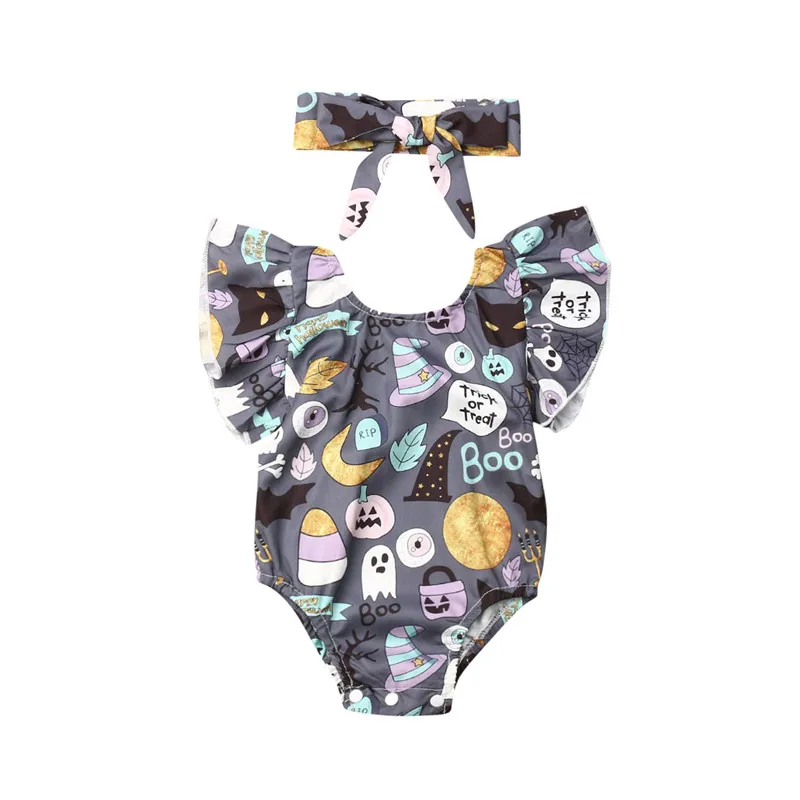 Newborn Infant Baby Girl Halloween Bodysuit Jumpsuit Fly Sleeve Cartoon Pumpkin Boo Print Clothes Headband 2PCS Outfit