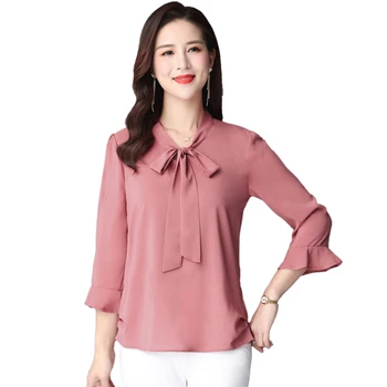 

Elegant Bow Tie Women Shirt Spring Autumn Ladies Solid 3/4 Sleeve Chiffon Shirts Casual Blouses Vintage Tops Blusas L-4XL