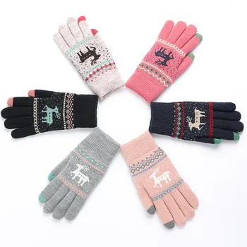 

Vintage Christmas Deer Knitted Gloves Women Thicken Touch Screen Gloves Winter Warm Snow Elk Full Finger Mittens Xmas Gift Luvas