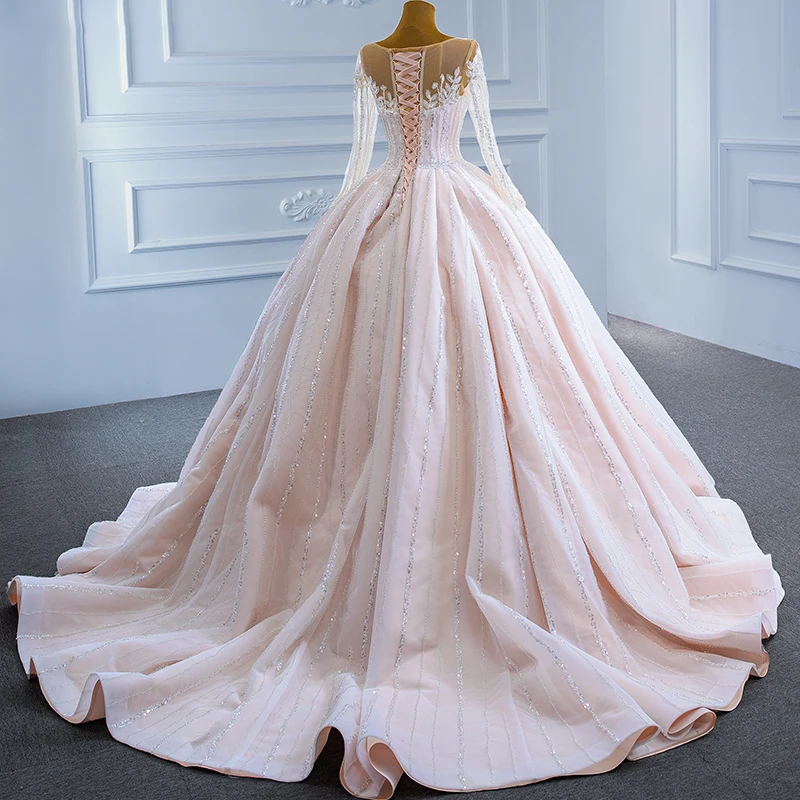 RSM67253 Light Pink Elegant Long Sleeve Wedding Dress 2021 Heart-Shaped Transparent Lace Applique Sequined Dress 2