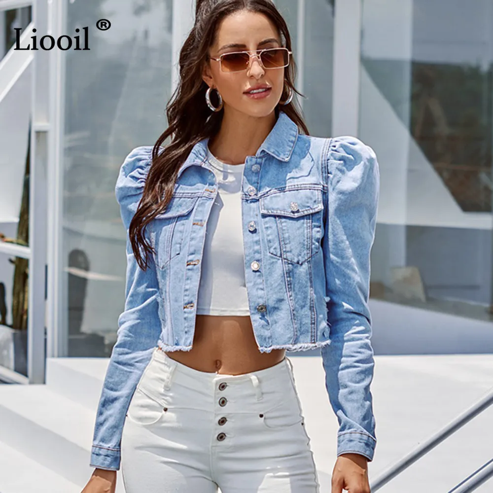 Blue Cropped Denim Jackets Women 2021 Puff Sleeve With Button Pockets Vintage Coat Autumn Winter Streetwear Ripped Jean Outwear