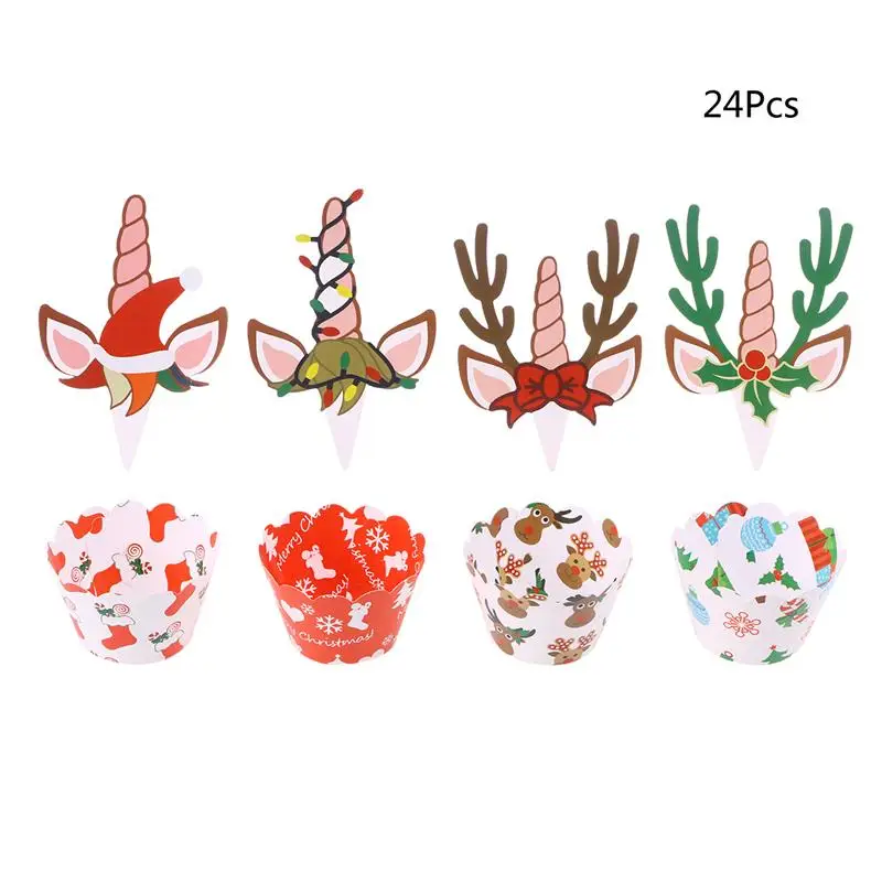 24Pcs /Set Cartoon Christmas Cupcake Wrappers Picks DIY Decorative Unicorn Cake Toppers For Xmas New Year Party Supplies A35