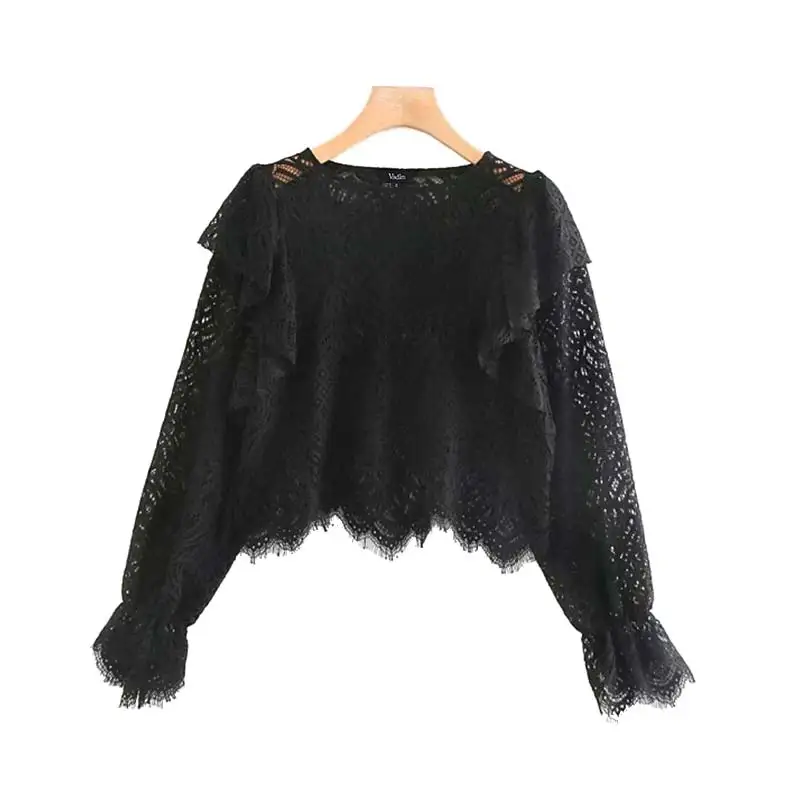 Vadim women vintage lace design blouse long sleeve ruffles see through shirt female stylish tops blusas LB632 - Цвет: black