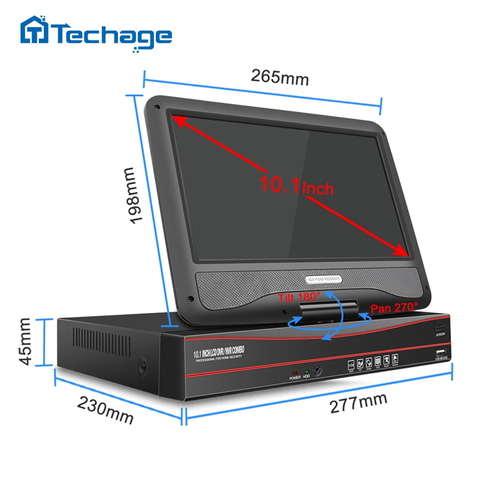 Сетевой видеорегистратор Techage 8 каналов 1080P 48 В POE NVR 10 1 дюйма ЖК-экран 802.3af P2P ONVIF