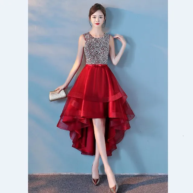 BacklakeGirls Grace Round Neck Sleeveless High Low Organza Cocktail Dress Tea Length Evening Party Dress Robe De Soirée Courte - Цвет: wine red