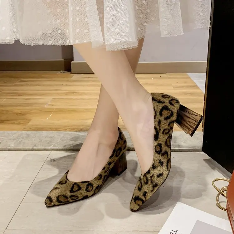 

High Heel Shoes Women's 2019 New Style WOMEN'S Shoes Autumn Korean-style Leopord Pattern Chunky Heel Pointed Shallow Mouth Shoes