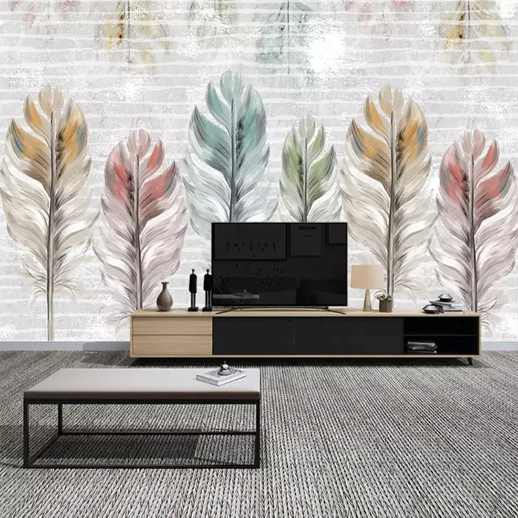 

Northern European-Style Hand-Painted Color Feather Modern Minimalist Living Room Television Background Wall Customization of Ind
