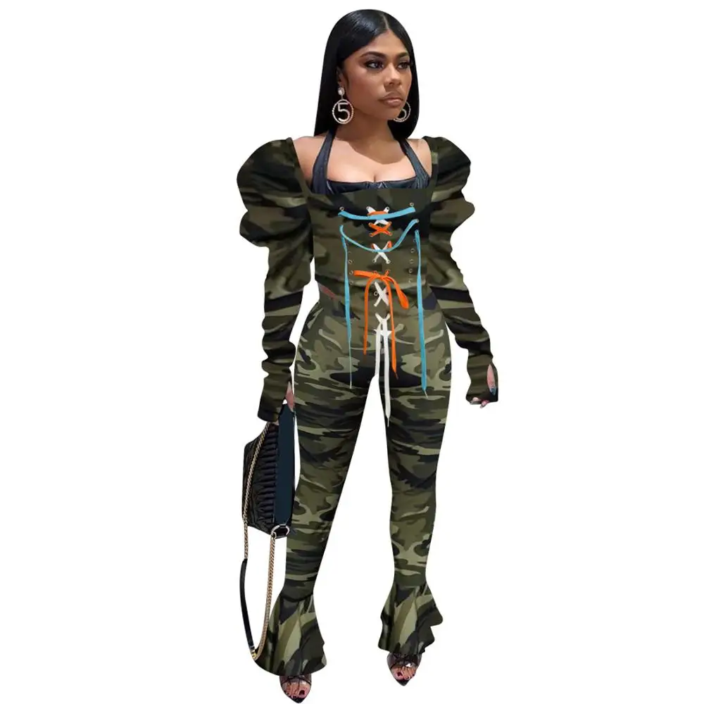 

Casual Puff Sleeve Women Two Piece Joggers Cross Bandage Crop Top + Long Pants Joggers Sportsuit Clothes For Women Outfit