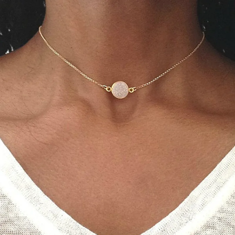 

Fashion Jewelry 2019Gold Round Resin Clavicle Chain Necklace Lady Resin Geometric Round Choker Necklace