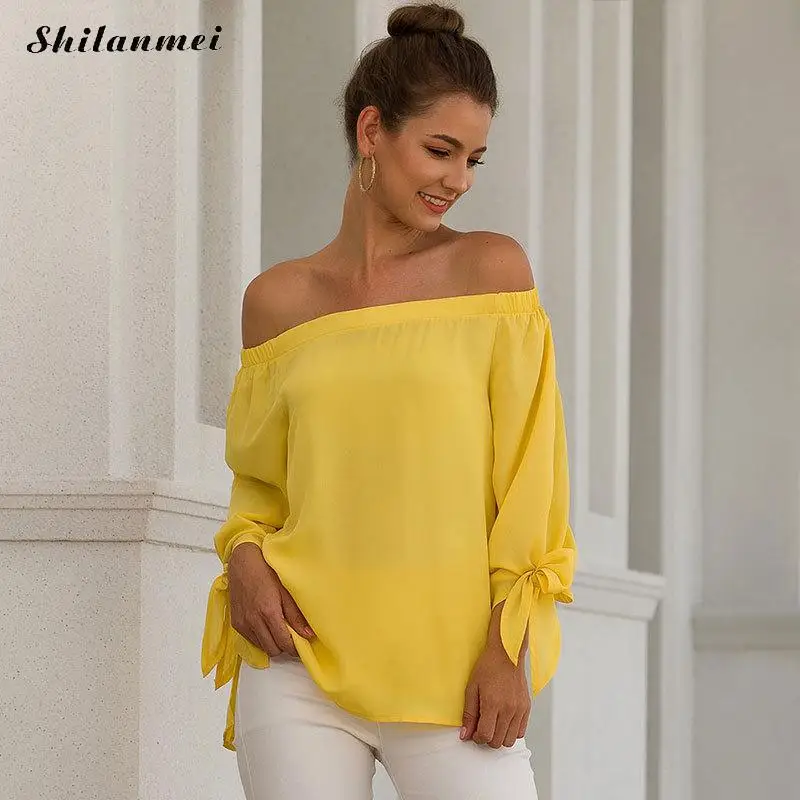 

Yellow Off Shoulder Blouses 2019 Fashion Loose Tops And Blouses Women Long Sleeve Spring Autumn Street Shirts Sexy Blusa Mujer