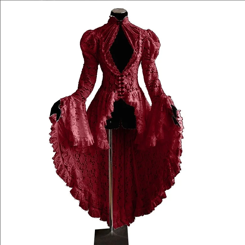 Women Plus Size S-5XL Cosplay Dress Gothic Style Asymmetrical Dress Halloween Retro Vintage Solid Lace Medieval Cardigan Cosplay Elegant Long Tail Pleated Outwear Victorian Ball Gown