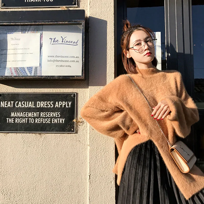 

Mink Cashmere Long Sweater Women Hairy Knitted Autumn Winter Jumper Korean Oversized Pullover Loose Turtleneck Sweaters Split