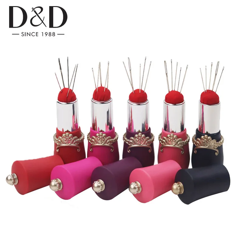 Retractable Lipstick Design Needles Pin Cushion Holder w/5pcs Needles Black 