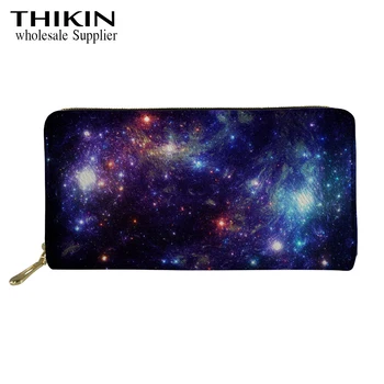 

THIKIN Galaxy Blue Night Sky School Girls Money Bags Women Pu Leather Long Wallet with Card Holders Zipper Purse Waterproof