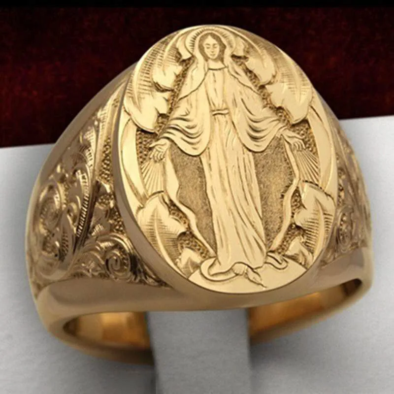 Virgin Mary Pattern Design Ring Gold Color Men's Religion Believer Pray Keepsake Jewelry Finger Accessories Birthday Gifts | Украшения