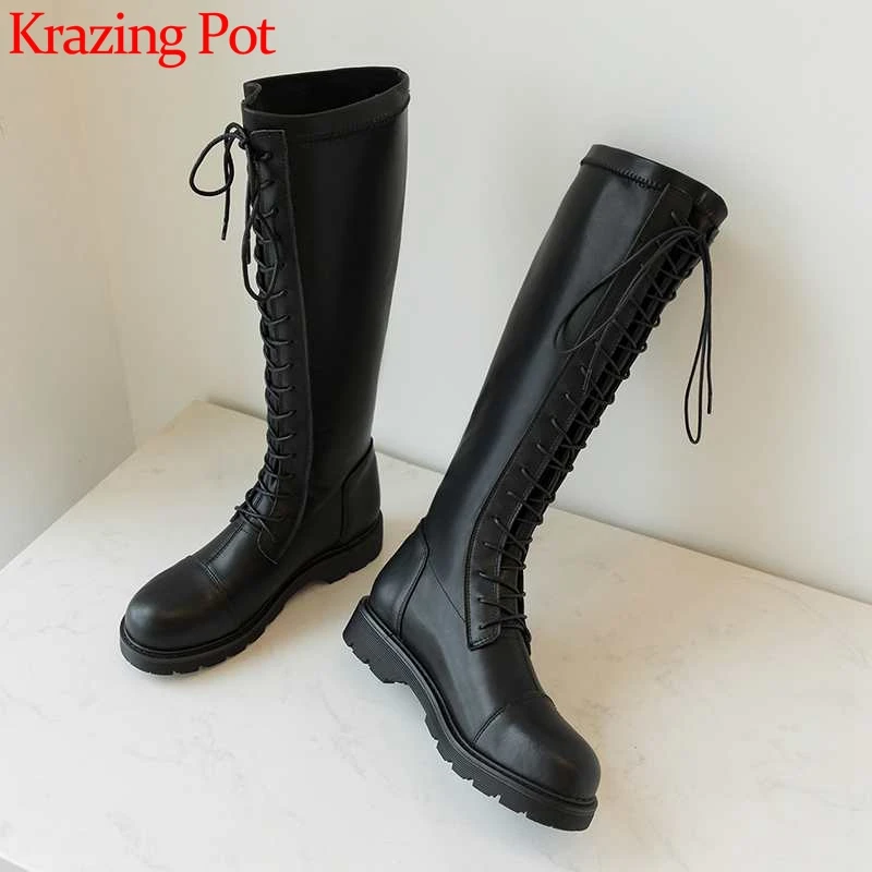 

Krazing Pot Internet star cow leather knight boots lace up round toe winter keep warm women European style knee high boots L56