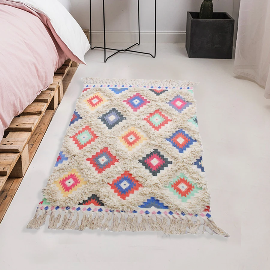 Стеганый хлопковый ковер с кисточками, ручная работа, плед, принт с бриллиантами, дверной коврик, коврики для ванной комнаты/спальни