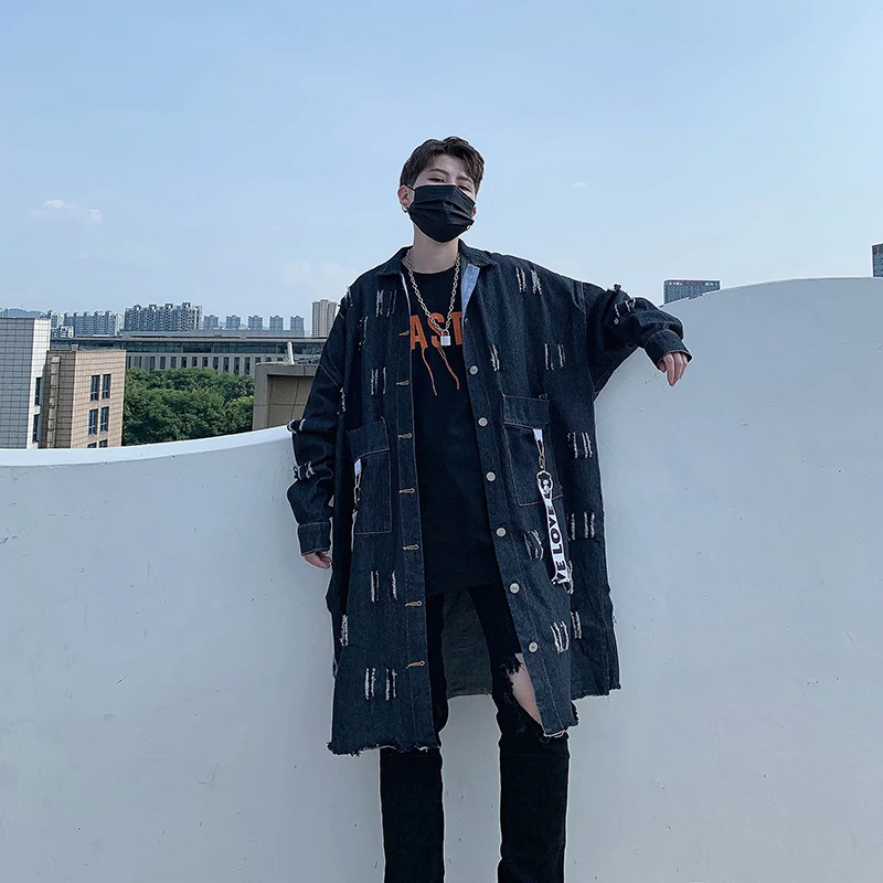 2019 autumn new windbreaker Korean fashion loose slimming long section denim coat jacket trench Japan Style Hip Hop Black 2019 autumn new windbreaker Korean fashion loose slimming long section denim coat jacket trench Japan Style Hip Hop Black