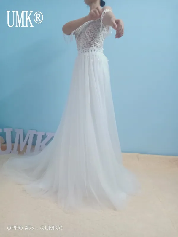 UMK новейшее пляжное Бохо свадебное платье кружева o-образным вырезом кисточки короткий рукав Vestido De Noiva Элегантный Тюль богемные свадебные платья