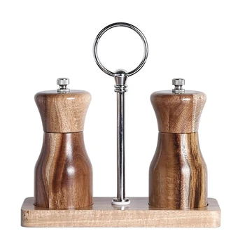 

Salt and Pepper Grinder Set with Wooden Stand Ceramic Rotor Cooking Kitchen Tool Adjustable Ceramic Grind
