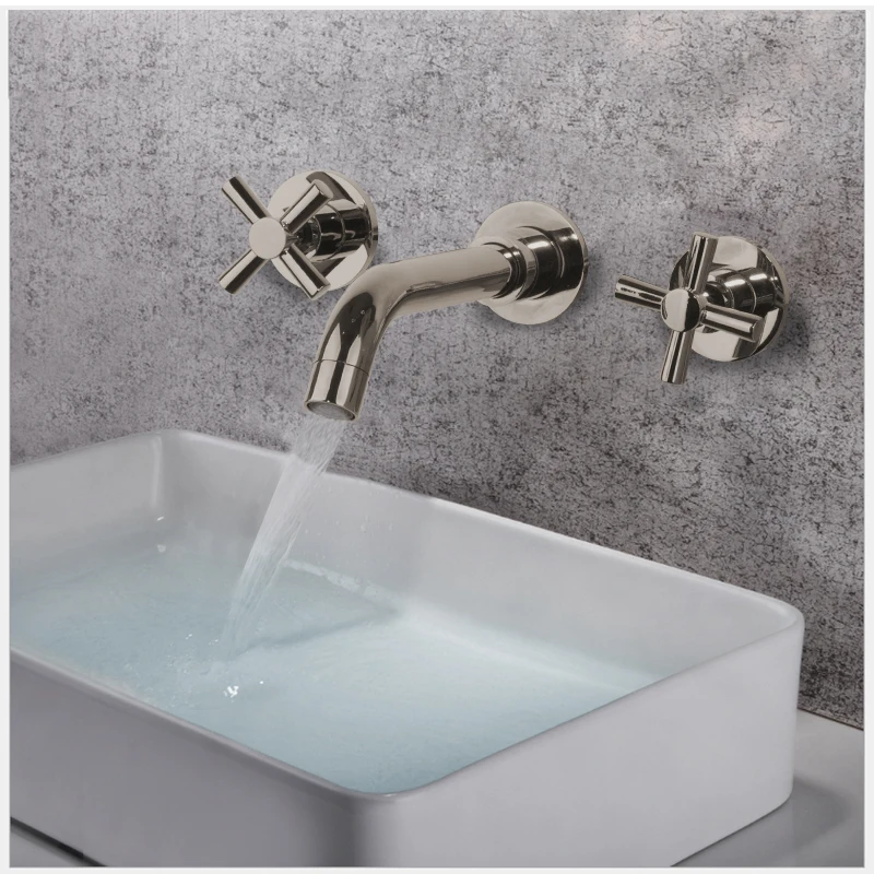 Nickel Brushed OUBONI Золотой смеситель для ванны, хромированный античный латунный Смеситель для раковины для ванной комнаты, смеситель для раковины, кран 3 шт., черный кран с двойной ручкой, смеситель для раковины - Цвет: Nickel Brushed