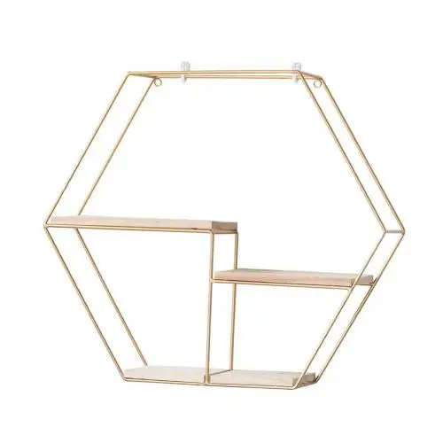 Golden Hexagon Скандинавский стиль, металлическая деревянная Шестигранная полка, полка для хранения геометрических фигурок, Настенная подвесная книжная статуэтка, цветочный горшок, витрина, полка - Цвет: Golden Hexagon