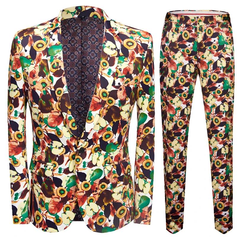 

Apple printed men suit 2019 Slim fit 2 Piece Casual Business Christmas night men's suits dress party Blazers pants terno hombre